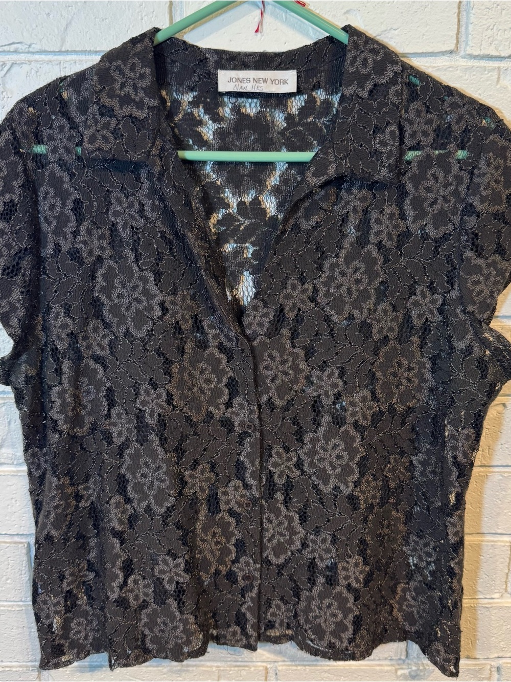 Vintage 90s Jones New York Black Lace Sheer Cap Sleeve Blouse Womens XL